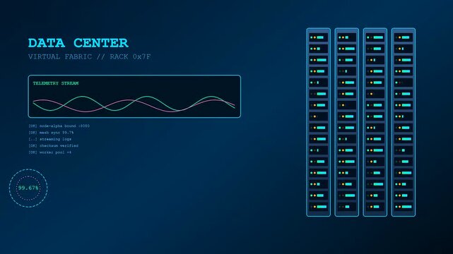 Infrastructure code scripting displayed on a digital interface showing server racks and fluctuating waves of signal telemetry across several monitor screens in dark blue light