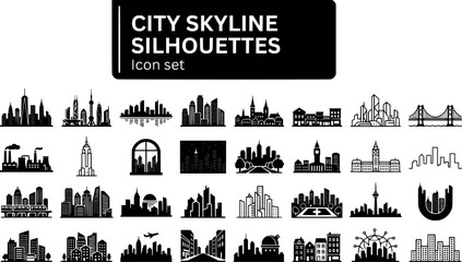 Naklejka premium City Skyline Silhouettes Icon Set Urban Skyscrapers Cityscape Views Metropolitan Icons Building Outlines Downtown Profiles Vector Illustration