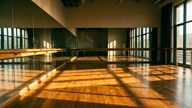 Empty dance studio with mirror wall and warm afternoon light, artistic discipline concept, dance practice, ballet studio, creative space, athletic art quiet