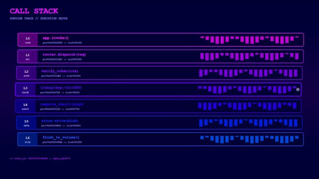 Infrastructure code scripting processes are displayed on a digital screen showing active software call stack traces with purple bars representing sequential execution depth metrics in code