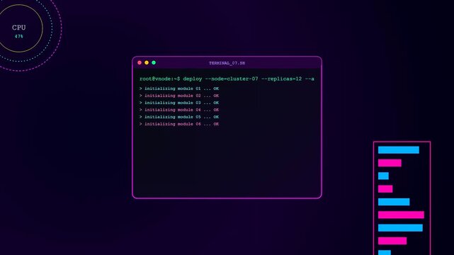 a terminal window showing infrastructure code scripting as the system executes automated deployment commands across multiple server clusters in a dark digital interface environment