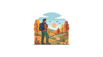 A lone hiker wearing a backpack stands in a scenic autumn landscape. © Puput_Kinasih