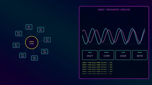 Digital infrastructure code scripting interface displaying live database query monitoring throughput with oscillating waveforms and analytical data metrics shown on a dark neon graphical user monitor