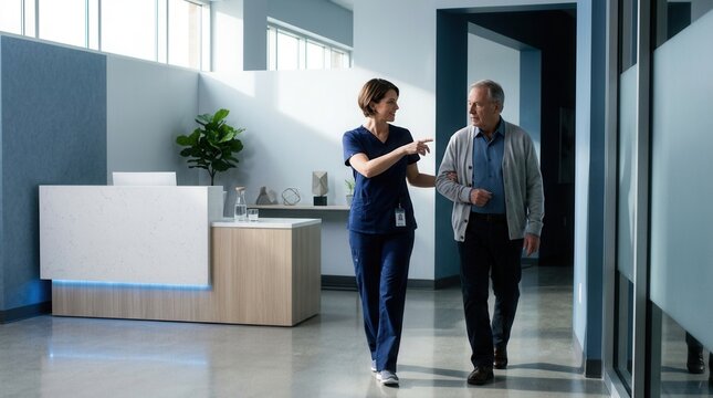 Caring Nurse Assists Elderly Patient Through Modern Healthcare Corridor