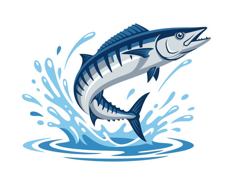 Flat vector illustration of a wahoo fish bursting from water with fast-moving splash effects, streamlined body and sharp fins