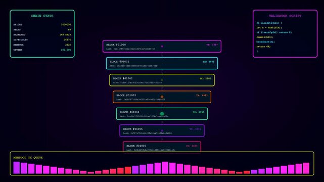 A digital infrastructure code scripting display presents blockchain ledger processes with moving transaction queues and glowing data blocks on a dark screen in this visualization
