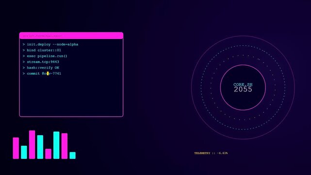 Infrastructure code scripting displays on dark monitors showing systematic data flow while fluctuating circular progress charts track system operations in a dark software development environment