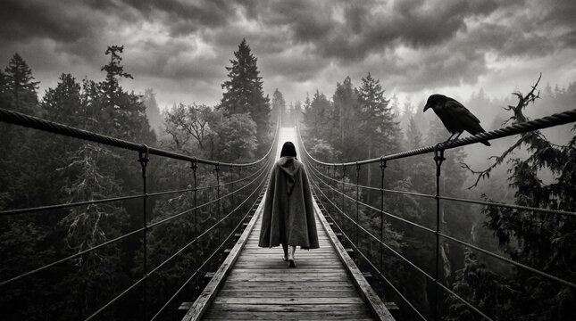 A mysterious figure in a hooded cloak walks across a suspension bridge towards a glowing light in a dark forest.