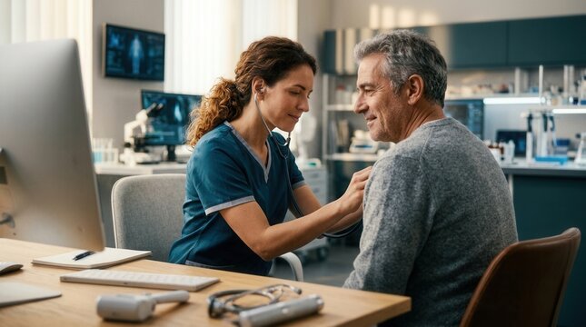 Caring Doctor Examines Patient With Stethoscope In Modern Clinic