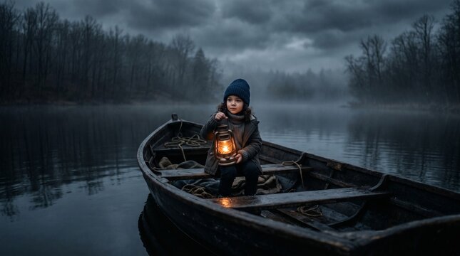 A young child sitting in a wooden boat on a misty lake holding a glowing lantern at twilight.