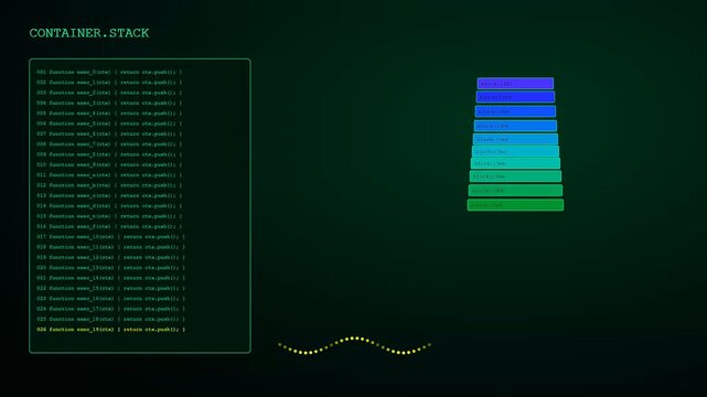 Infrastructure code scripting processes run in a layered digital display where software functions execute sequentially as blocks stack upward in this dark green virtual user interface environment