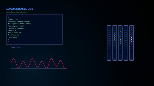 Digital infrastructure code scripting flows across screen displays while server racks illuminate in a dark room showing complex system load metrics and fluctuating graph data