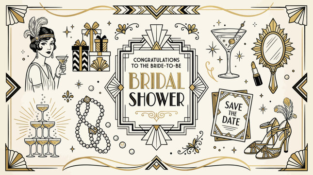 Art Deco vintage party elements with flapper woman and champagne tower