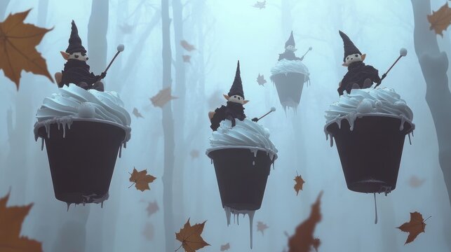 Tiny, dark figures on floating cakes in a misty forest