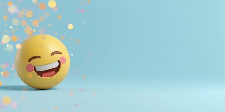 Smiling yellow emoji sphere with closed eyes and rosy cheeks floating amidst soft glowing golden bokeh particles