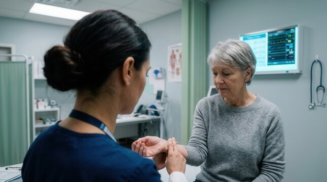 Caring Nurse Checks Patient Pulse During Medical Examination