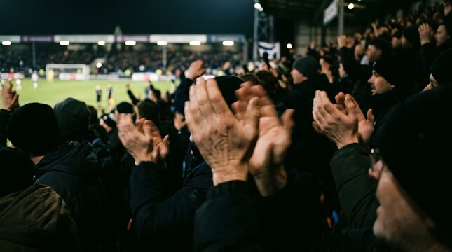 Crowd of soccer fans clapping in the stands at a night match