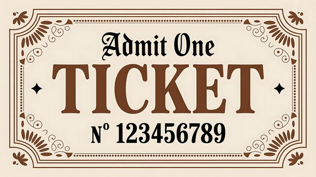 Vintage ticket, admit one, brown antique ticket stub, event pass
