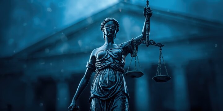 Statue of lady justice holding scales and sword in front of a courthouse building at night blue lighting