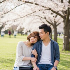 Fototapeta premium 森林公園でベンチに座り寄り添う若い男女のカップル