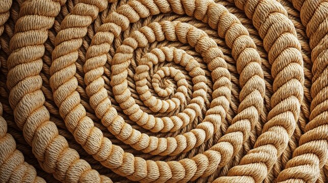 Natural abaca fiber rope coiled in perfect spiral pattern creating seamless textured background for sustainable eco-friendly web design with warm earth tones