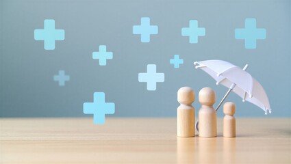 Fototapeta premium Family figures under umbrella symbolizing health insurance coverage, medical protection, and financial support for healthcare and wellbeing.