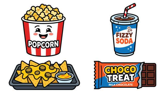 Fast food snack set featuring popcorn soda nachos and chocolate bar design vector graphic.