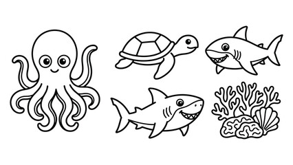 Black and white outline set of sea animals featuring shark turtle octopus and coral reef. © Md