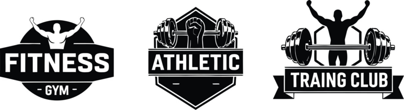 Black and white fitness gym logos with athletic symbols