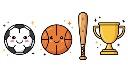 Cute cartoon sports equipment collection kawaii characters vector illustration.