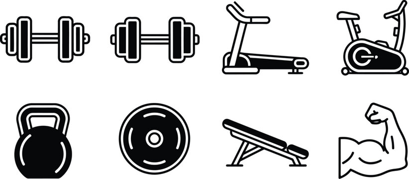 Black icons of gym equipment and weights