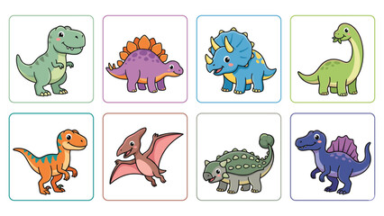 Set of cute friendly dinosaur characters in individual frames for kids education design. © Md