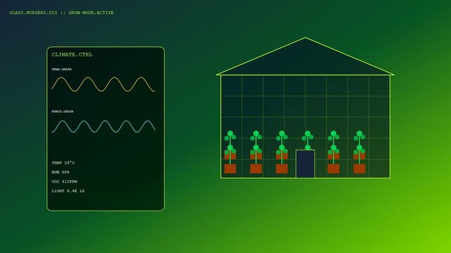 A community garden harvest appears inside a digital greenhouse monitor showing rising plant growth progress with fluctuating climate sensor waves on a dark green screen display