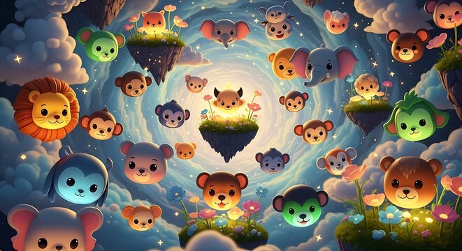 Whimsical floating animal faces in a magical sky portal