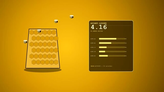 Community garden harvest tracking displayed on a sleek digital interface featuring animated honey bees and hexagonal hive charts moving across a warm amber orange background