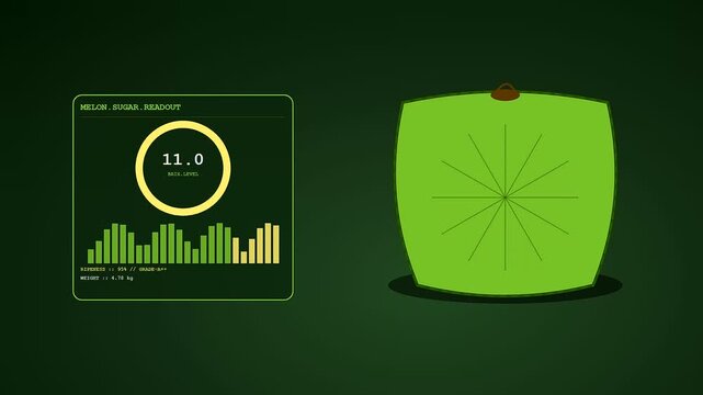 A community garden harvest data interface featuring digital fruit sugar content readouts and graphic volume meters shown in a repeating sequence of minimal green panels
