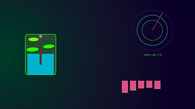 Community garden harvest data interface is shown in this digital motion graphic featuring a glowing plant icon and circular radar sweep monitor for monitoring soil conditions