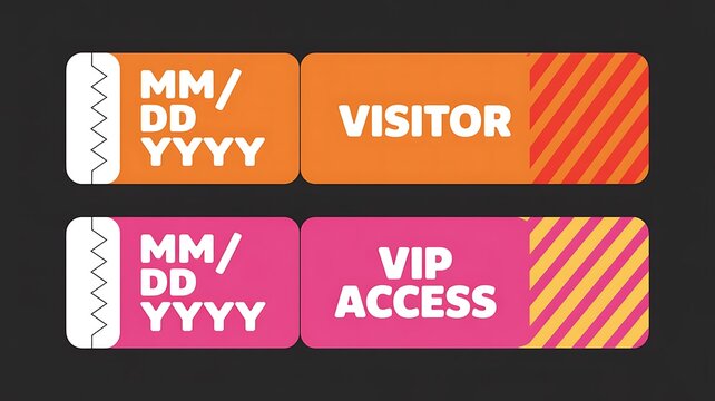VIP access, visitor badges, date labels, event passes, colorful stickers