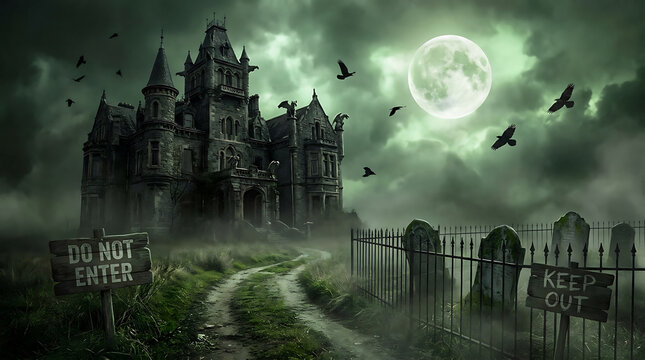 Spooky haunted mansion with a graveyard at night under a full moon gothic castle with dark clouds, mist, and flying crows halloween horror scene