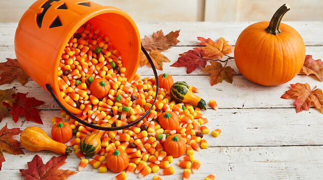 Halloween candy corn spilling out of a jackolantern bucket with mini pumpkins, gourds, and autumn leaves on a rustic white wooden table