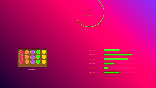 Community garden harvest data displays show vibrant colored circles and horizontal progress bars on a bright gradient purple and pink digital interface monitoring agricultural crop yields