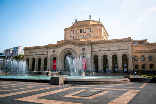 Facade of History Museum of Armenia and the National Gallery of Armenia and fountain located on Republic Square in Yerevan, Armenia