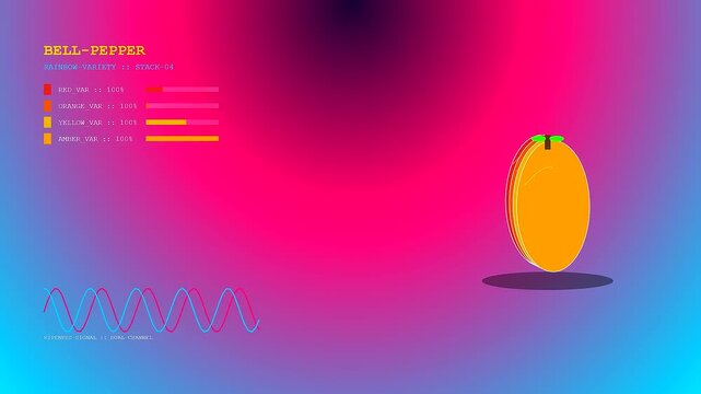 Community garden harvest animated presentation featuring vibrant orange produce rendered with digital waveform monitors and data tracking bars across a dynamic gradient purple and cyan background