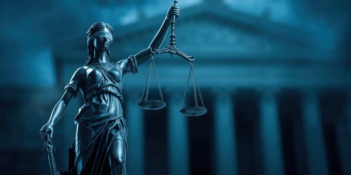 Themis statue of justice holding scales of law against a dark blue blurred courthouse building architectural view