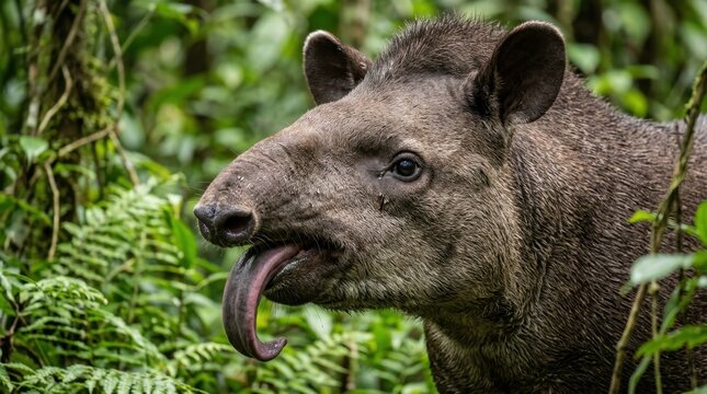 Rainforest Tapir Portrait Sticking Tongue Out Close-Up Wild Mammal in Jungle