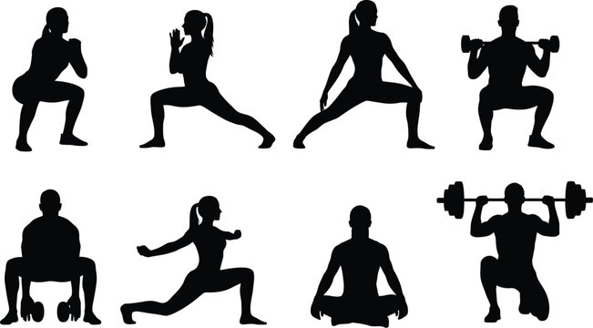 Black silhouettes of people doing various exercises