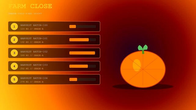 A community garden harvest data dashboard visualizes seasonal agricultural yields on a vibrant orange screen display showing processed batch metrics for sustainable organic urban farming operations