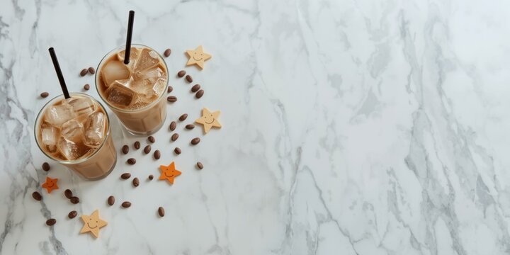Two glasses of iced coffee with coffee beans and smiling star cookies on a white marble background, view angle