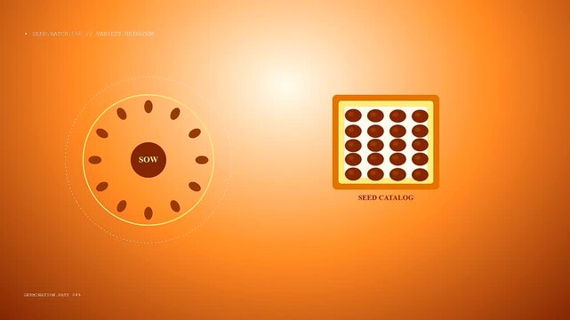 Community garden harvest displays in a minimalist digital interface showing round seed arrangements next to square grid patterns for agricultural data monitoring on orange gradient backdrop