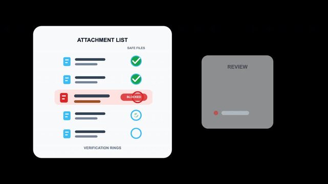 Digital interface icons for verifying document status with green checkmarks in grey boxes. Suitable for technology presentations and websites.